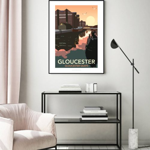 Gloucester Docks at night illustrated travel poster