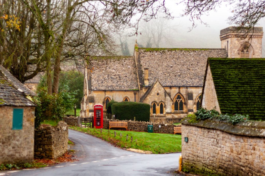 Coming into the middle of Snowshill village, with a view of the church