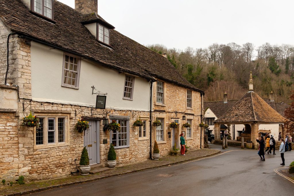 Castle Combe in winter showing the Castle Inn