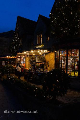 Broadway Deli after dark at Christmas